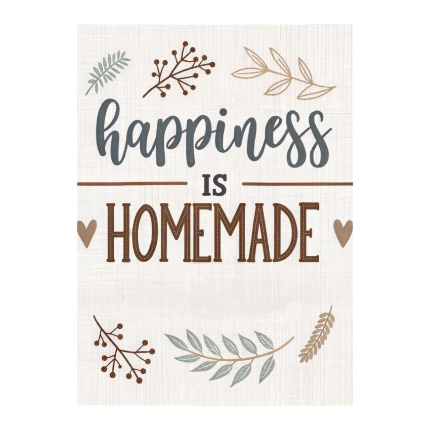 The Happiness is Homemade design features decorative text, earthy tones of green and brown, and is surrounded by leaf and branch illustrations on a light background.