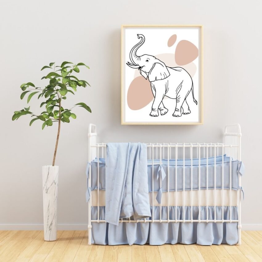 Minimalist boho wall art of an elephant, drawn in clean lines and subtle hues, ideal for nature lovers seeking a calm and soulful aesthetic.