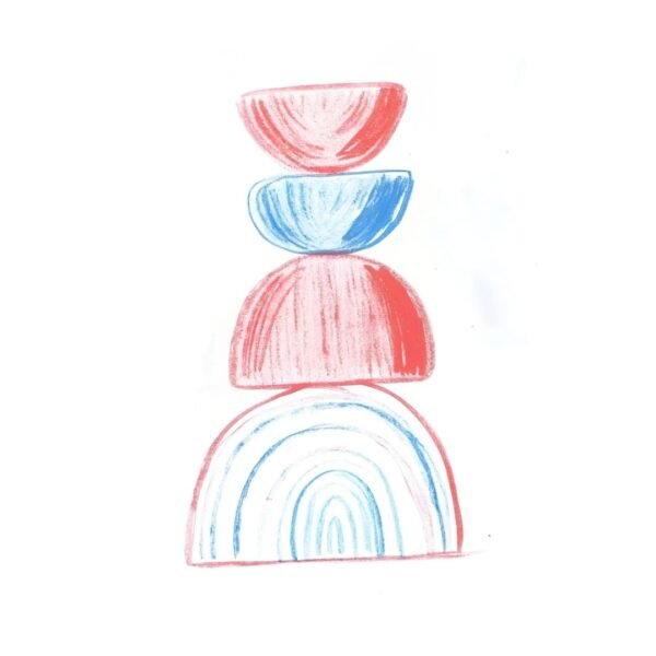 Abstract wall art illustration of stacked shapes in red, blue, and white colors arranged vertically.