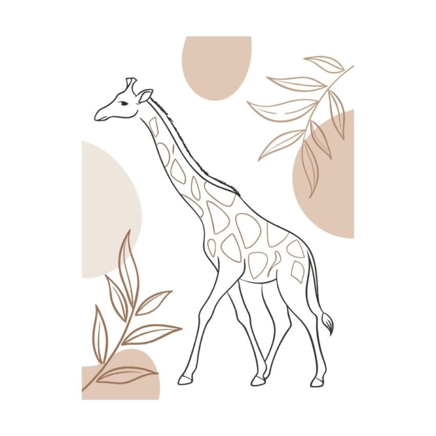 Boho line art of a giraffe adorned with delicate botanical flowers, blending minimalist design with earthy floral elements for a soft, nature-inspired look.