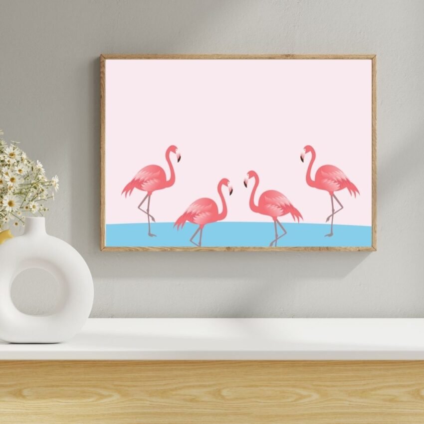 Stylish illustration of four flamingos on a soft pink background – chic tropical wall art for modern interiors.