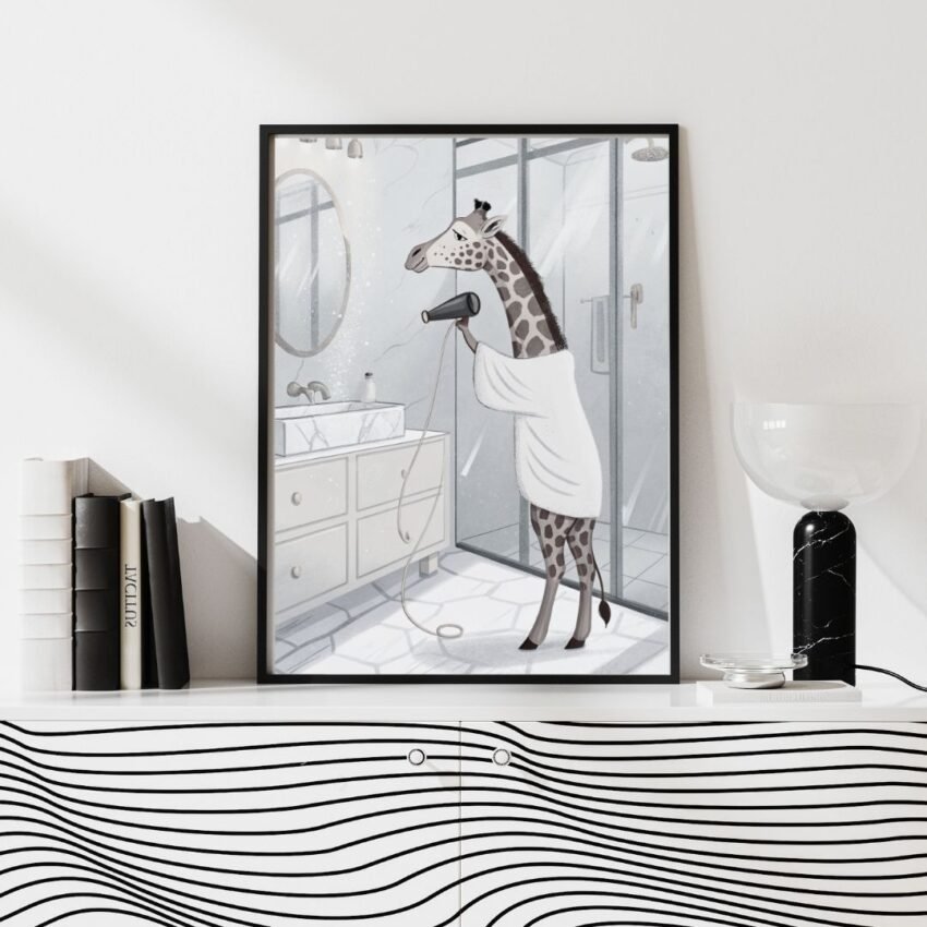 wall art featuring a giraffe wearing a white bathrobe