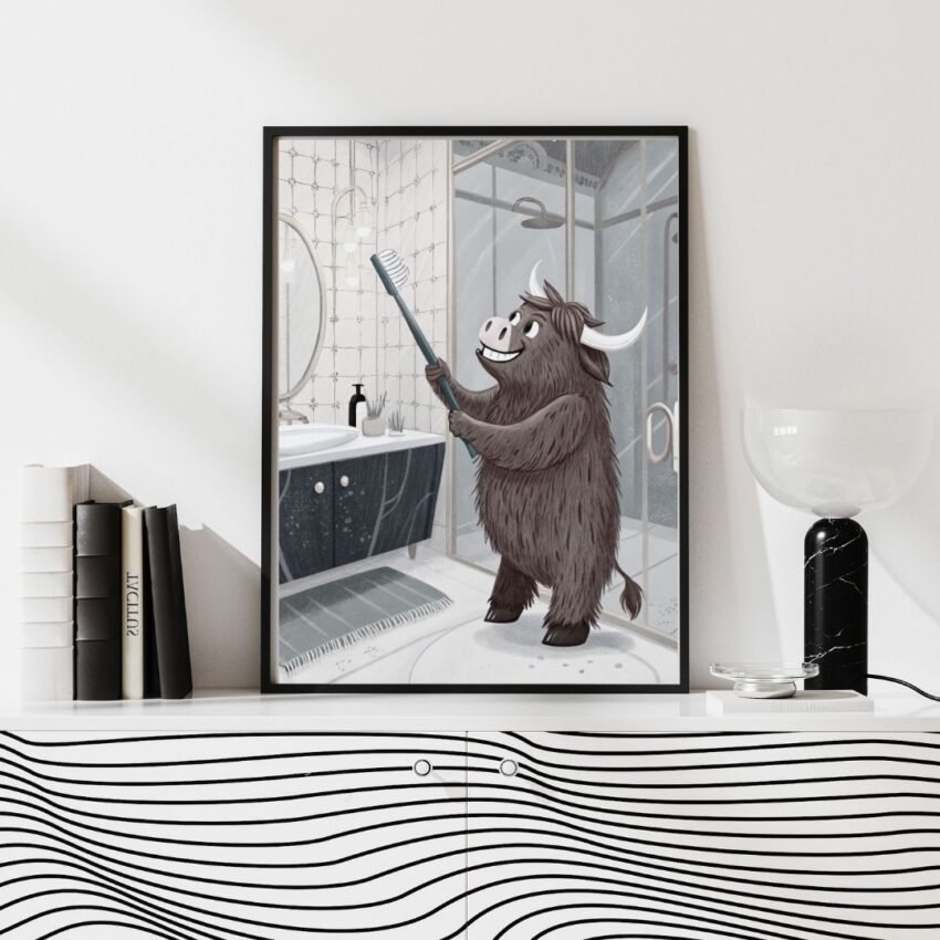 wall art featuring a Highland cow holding a toothbrush