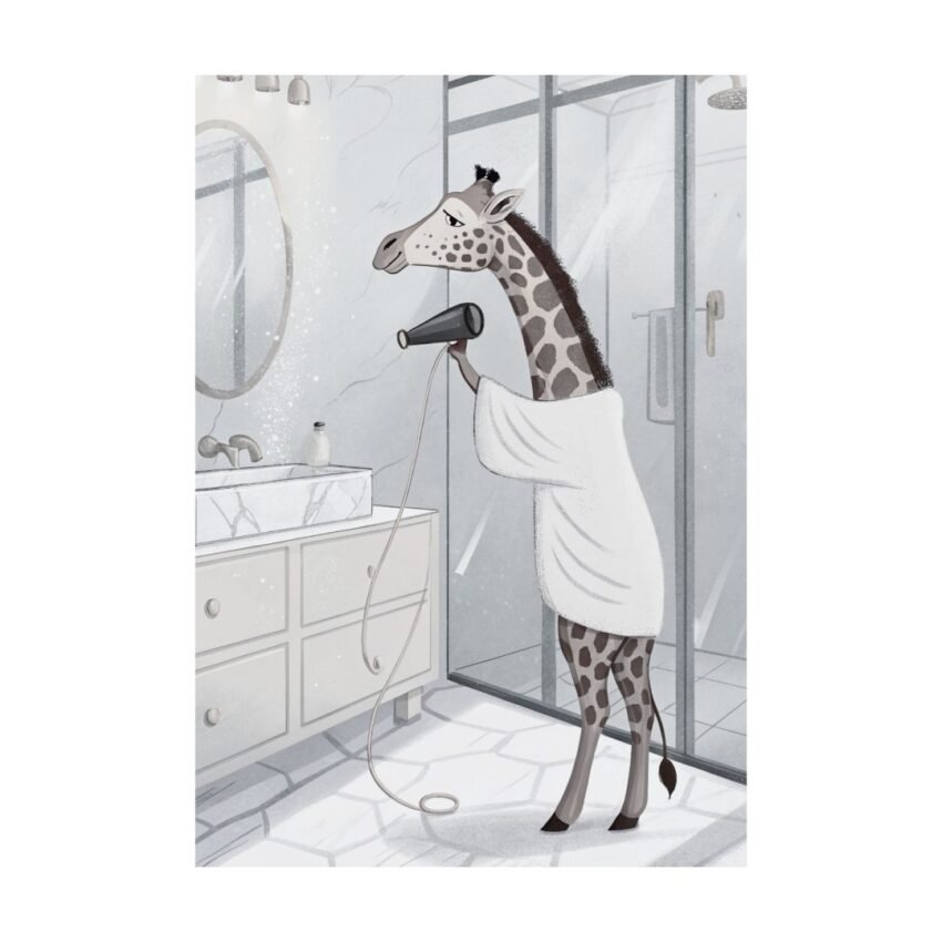 Giraffe dressed in a cozy bathrobe, ideal for quirky art lovers