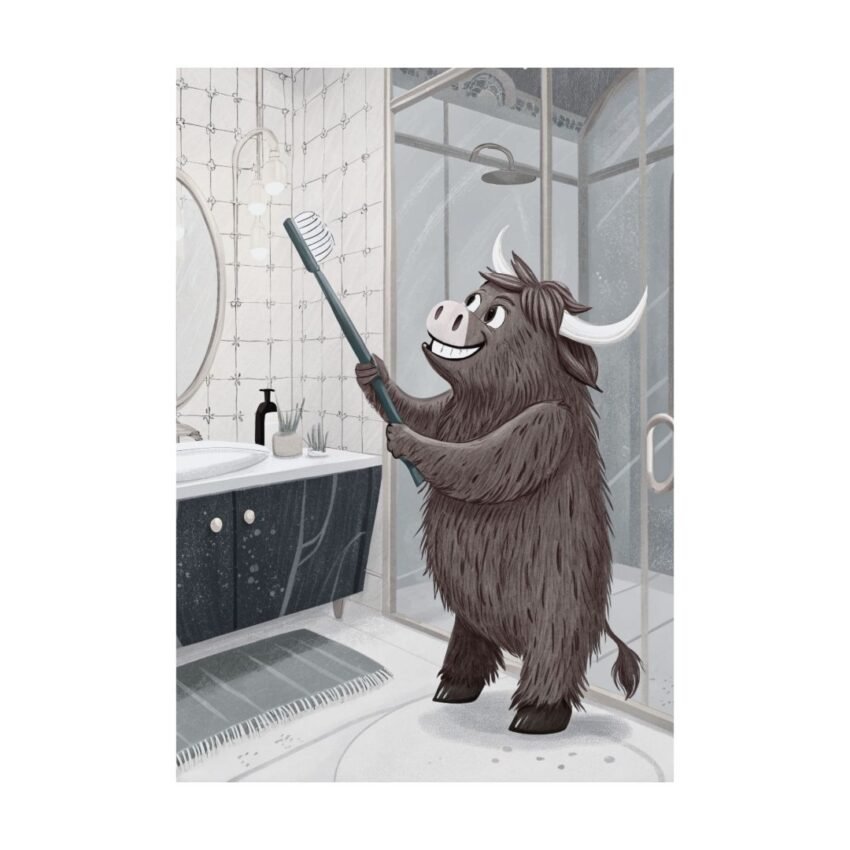 print of a fluffy Highland cow brushing its teeth