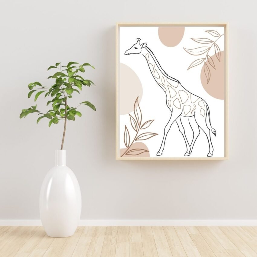 Giraffe boho wall art combining minimalist lines and botanical floral accents, creating a peaceful and artistic fusion of wildlife and nature.