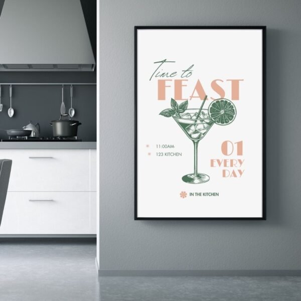 Framed kitchen wall art titled “Time to Feast,” featuring bold black lettering on a white background, perfect for dining spaces.