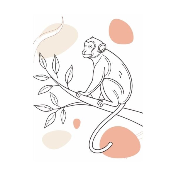 Elegant boho-inspired line art print depicting a monkey resting on a branch