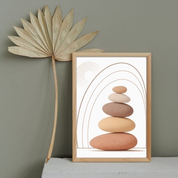 Minimalist boho framed poster featuring five stacked stones in soft, earthy tones