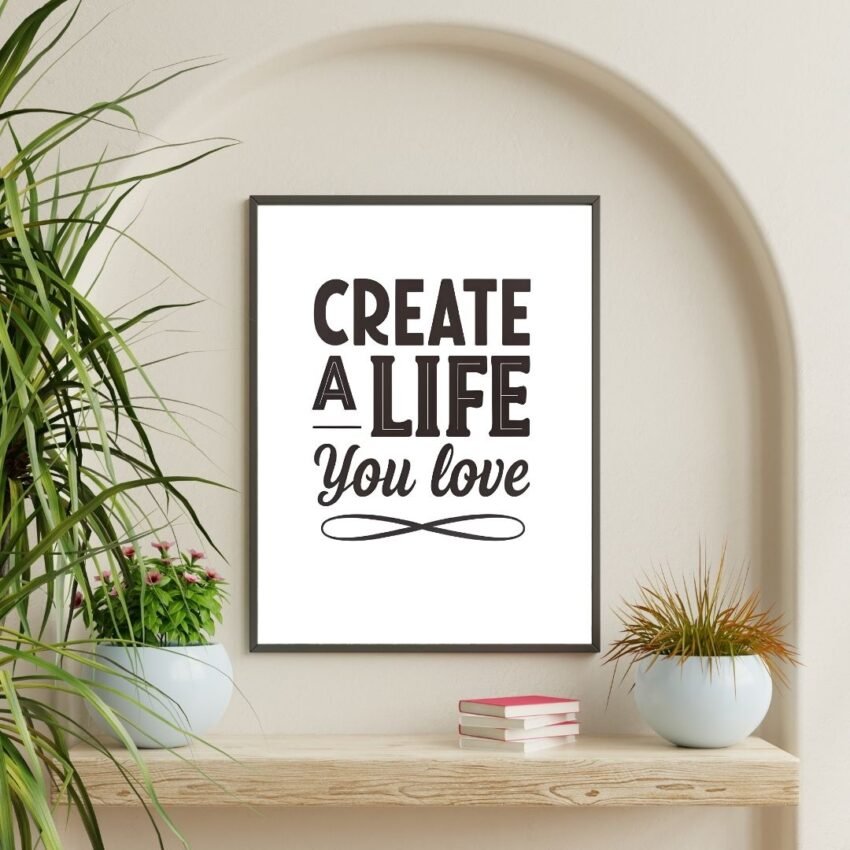Framed Inspirational poster with the quote “Create a Life You Love” in modern, elegant typography, perfect for a motivational home or office space.