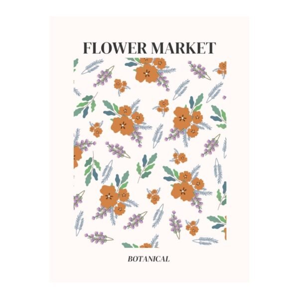 The framed Flower Market Botanical Orange poster design, featuring orange flowers and green leaves.