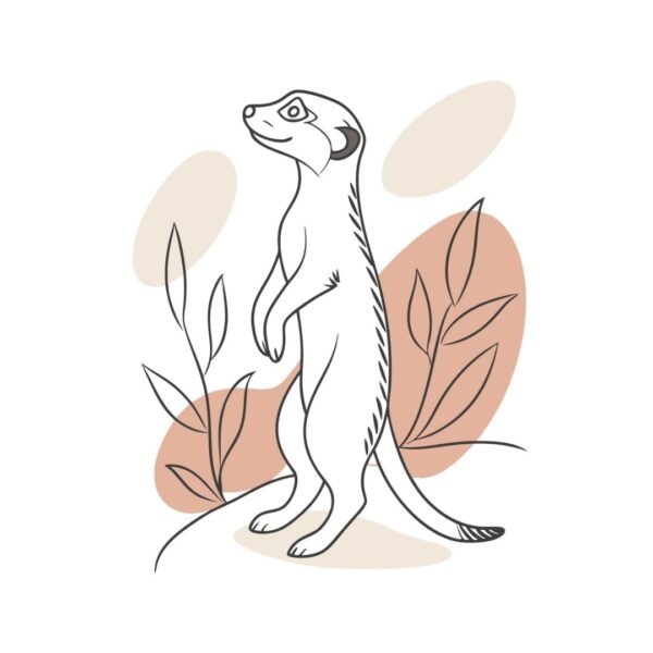 Whimsical boho-inspired line art poster of a meerkat, using minimalistic strokes and natural hues to bring a unique and tranquil vibe to any room.
