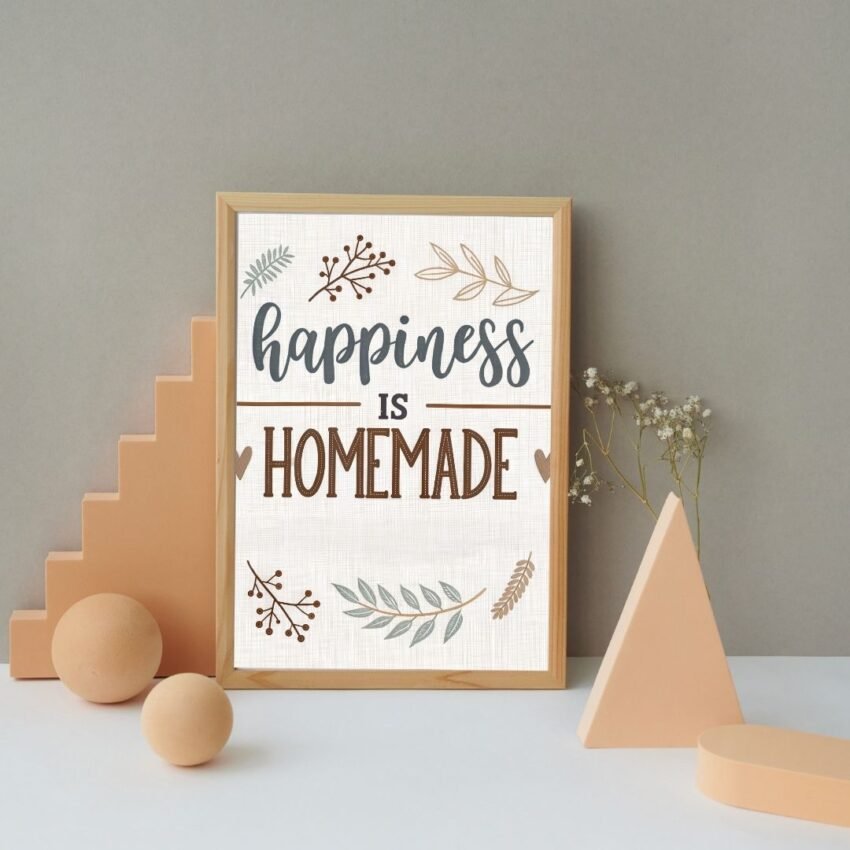 The Happiness is homemade framed sign features decorative fonts with minimalist botanical illustrations. Displayed on a white surface alongside geometric shapes and a small plant, it stands against a muted, neutral background.