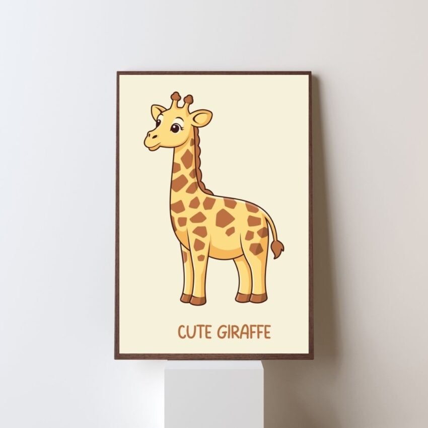 Adorable baby giraffe wall art print with neutral background – perfect for nursery or kids' room.
