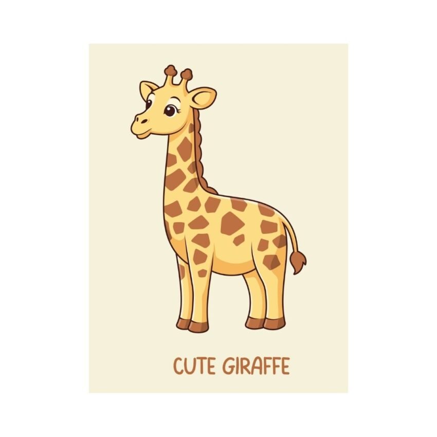 Cute little giraffe illustration poster for children’s wall decor, soft colors and playful design.