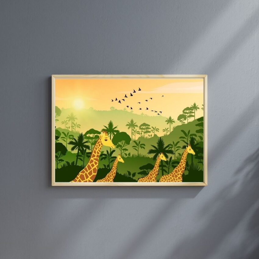 Illustrated giraffe in natural landscape with vibrant sunset – colorful wall art for living space or nursery.