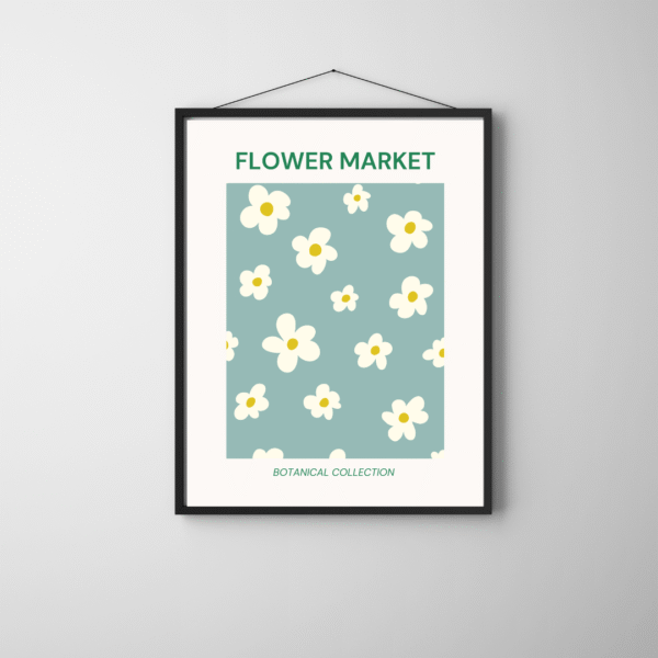 Framed botanical poster featuring a minimalist daisy pattern with cream-colored flowers and yellow centers on a muted teal background, labeled Flower Market and Botanical Collection