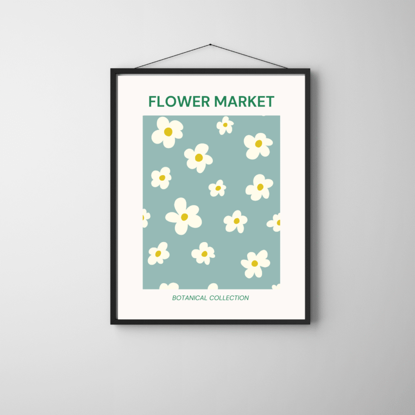 Framed botanical poster featuring a minimalist daisy pattern with cream-colored flowers and yellow centers on a muted teal background, labeled Flower Market and Botanical Collection