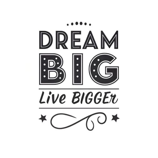 A Dream Big, Live Bigger framed wall art sits on a white shelf beside two white vases against a gray textured wall.