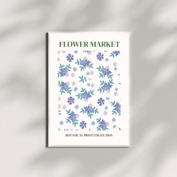 Framed botanical art print titled "Cute Flower Market Blue," showing vivid flowers in blue and purple hues, held by a person in a green-themed room.