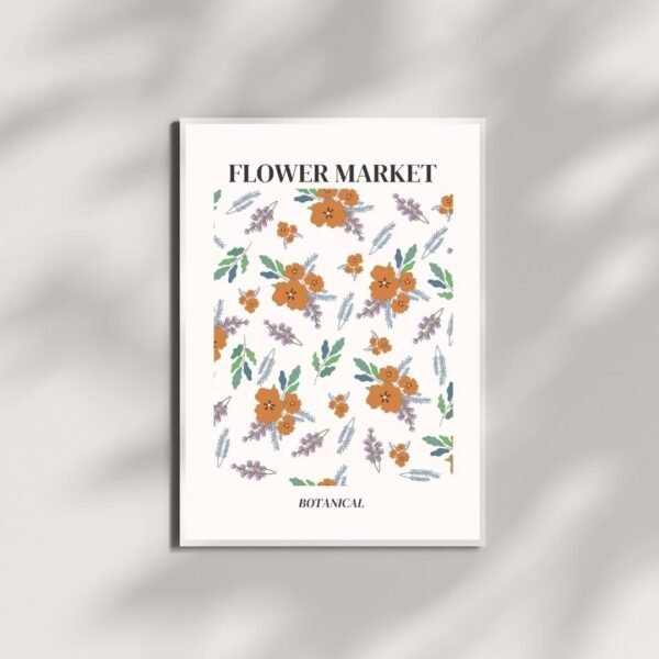 The framed Flower Market Botanical Orange poster, featuring orange flowers and green leaves, leans against a sofa with cozy pillows and a blanket in a room with a light green wall.