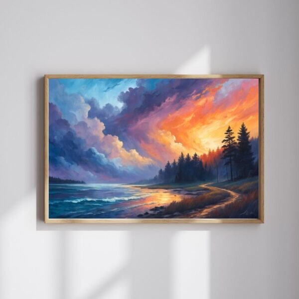 Vibrant landscape art painting depicting a sunset over water with dramatic clouds and trees.