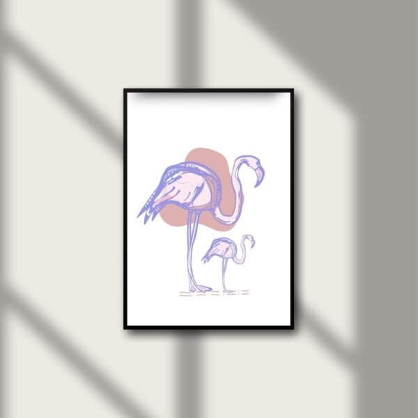 Tender drawing of flamingo and baby chick soft and sweet wall art for nursery or baby room decor.