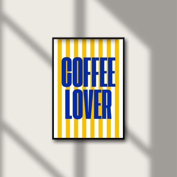 Minimalist coffee quote print with warm orange tones – perfect decor for coffee bar or café corner.