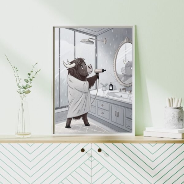 wall art featuring a fluffy Highland cow in a white bathrobe