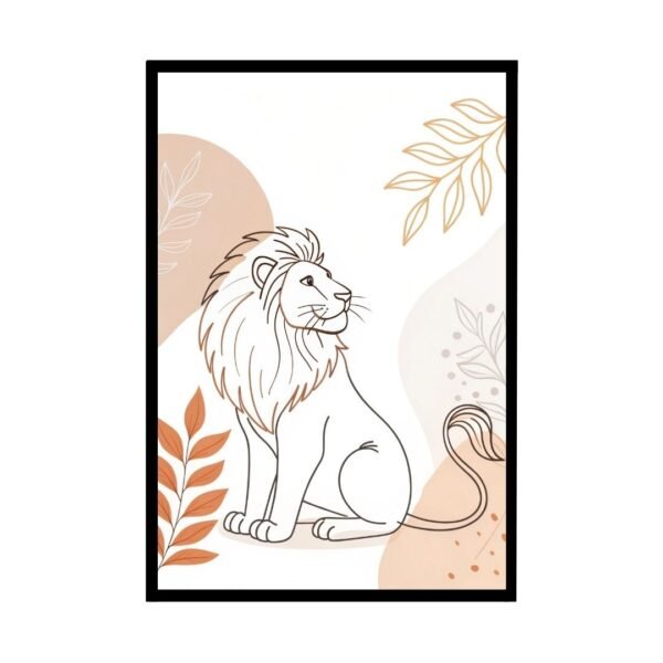 Boho minimalist line art poster framed featuring a majestic lion, with bold, flowing lines and earthy tones, perfect for adding strength and serenity to your décor.