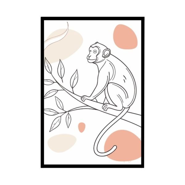 Boho line art featuring a monkey sitting on a branch, with minimalist lines and earthy tones