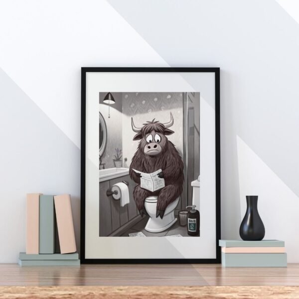 poster featuring a fluffy Highland cow on a toilet pot
