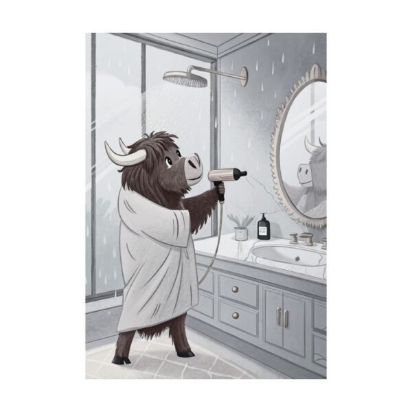 Cute and cozy print of a Highland cow wearing a robe