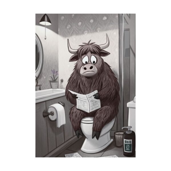 Funny wall art of a Highland cow sitting on a toilet, adding rustic humor to bathroom decor.