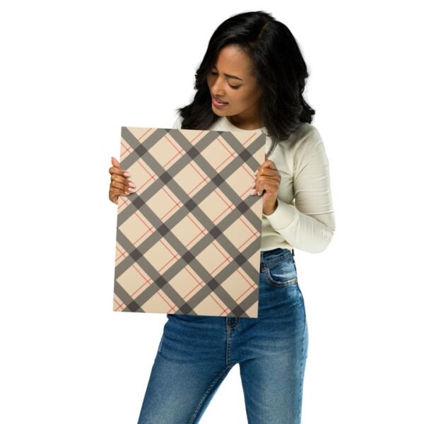Plaid tartan pattern in brown and grey tones printed on a sleek metal poster, modern wall art décor