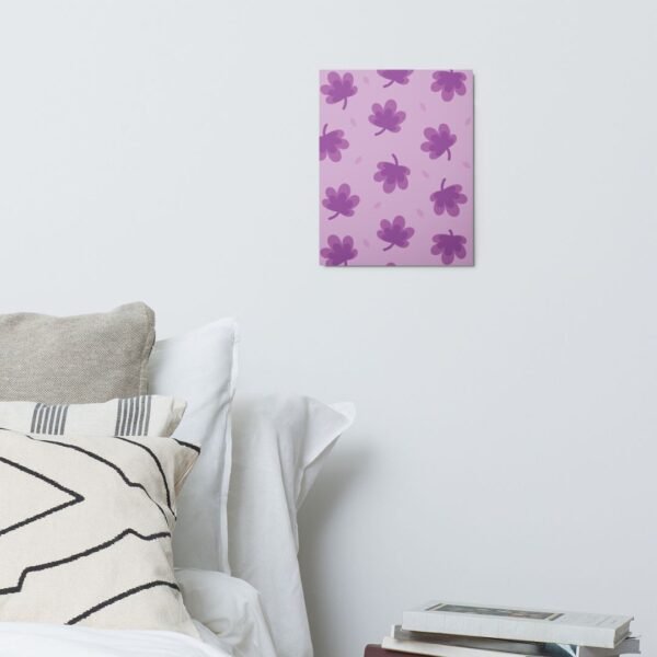 Stylized purple floral shapes scattered across a soft lilac metal wall art poster