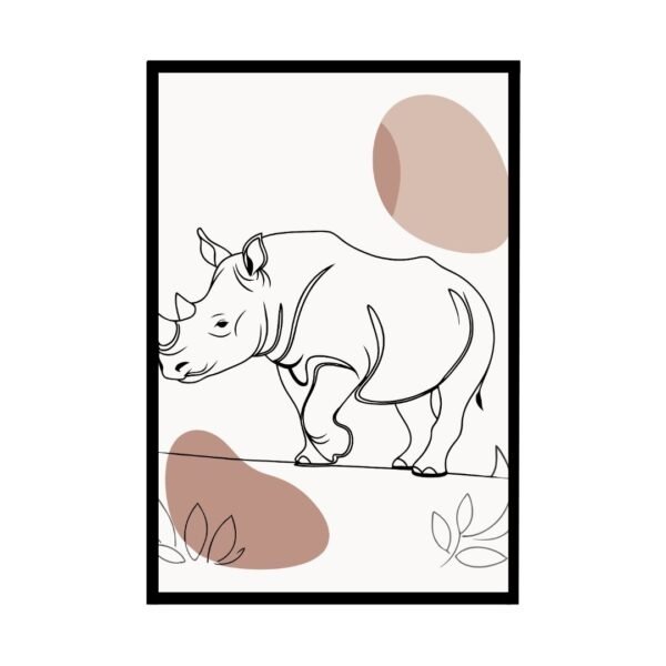 Boho minimalist line art of a rhino, featuring sleek, flowing lines and earthy tones
