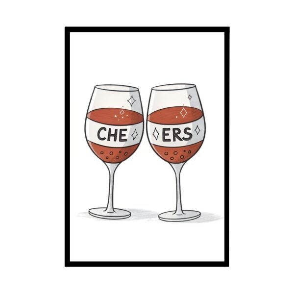Framed print of two glasses toasting with the word "Cheers" in stylish typography, ideal for creating a festive vibe in any space