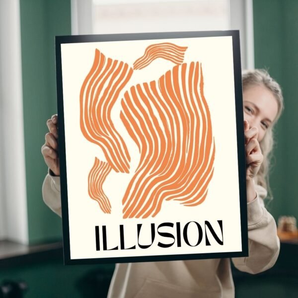 The Illusion poster features an abstract design with wavy, rust-colored lines on a light background like flowing ribbons and ILLUSION printed boldly at the bottom in an artistic font.