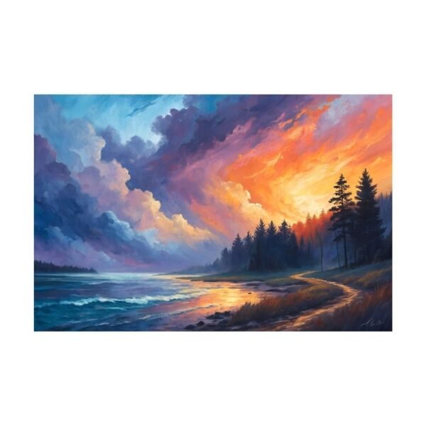 A landscape painting depicting a sunset over a body of water with trees in the foreground.