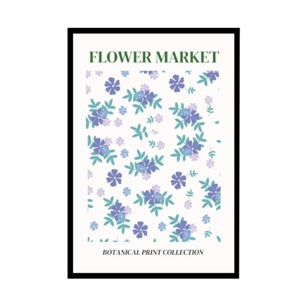 Botanical print featuring a pattern of purple and green flowers with the text 'Flower Market'.