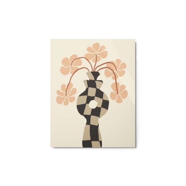 flower in a checkered black and cream pot set against a minimalist grey backdrop metal print