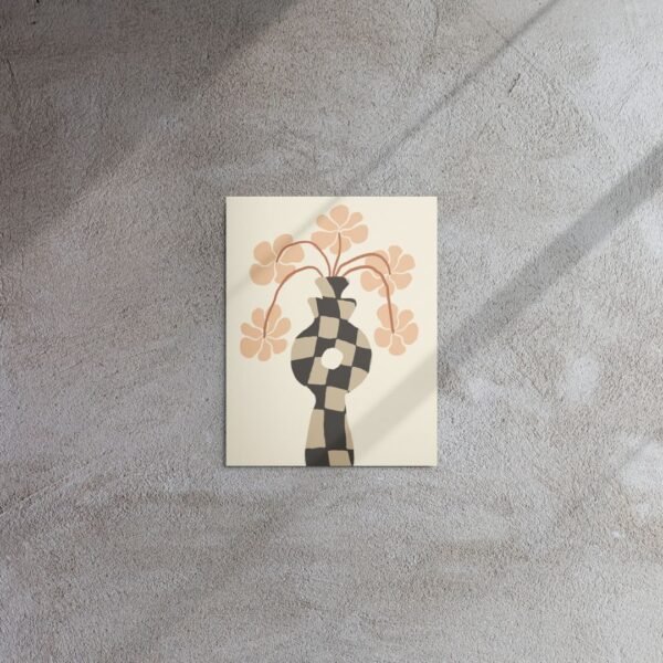 Metal print featuring a black and cream tiled flower pot with a single flower on a grey background
