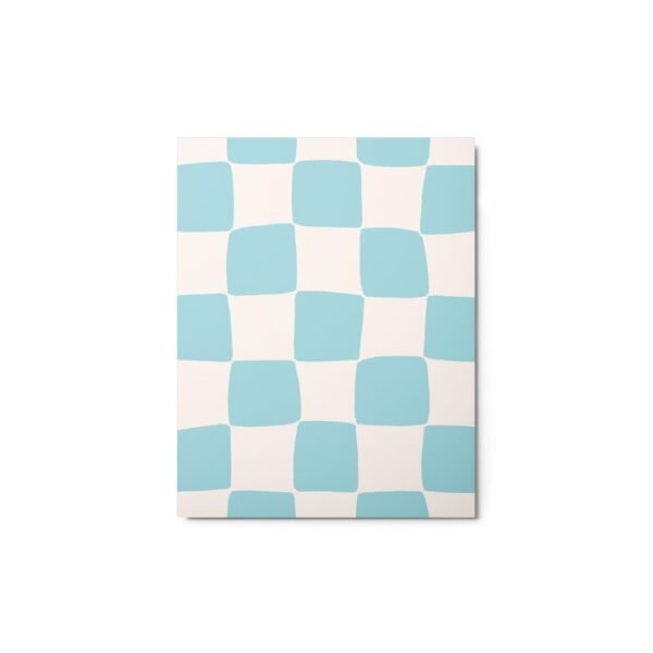 Metal poster print featuring a sky blue and white geometric tile pattern with clean lines and a modern design.
