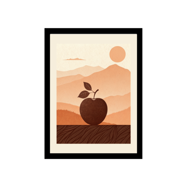 Close-up of the ‘Landscapes and Apple’ illustrated wall art, highlighting detailed textures and the harmonious integration of fruit and scenic elements.