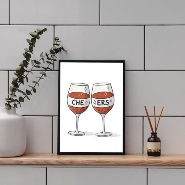 "Cheers" glass poster featuring a close-up of clinking glasses, perfect for adding a celebratory touch to your kitchen or bar area.