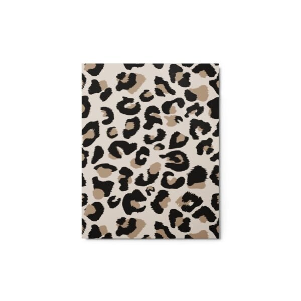 Metal poster print featuring a bold and stylish leopard print pattern with rich brown and black spots on a tan background.