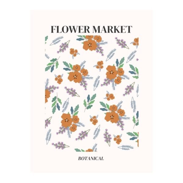 The framed Flower Market Botanical Orange poster design, featuring orange flowers and green leaves.