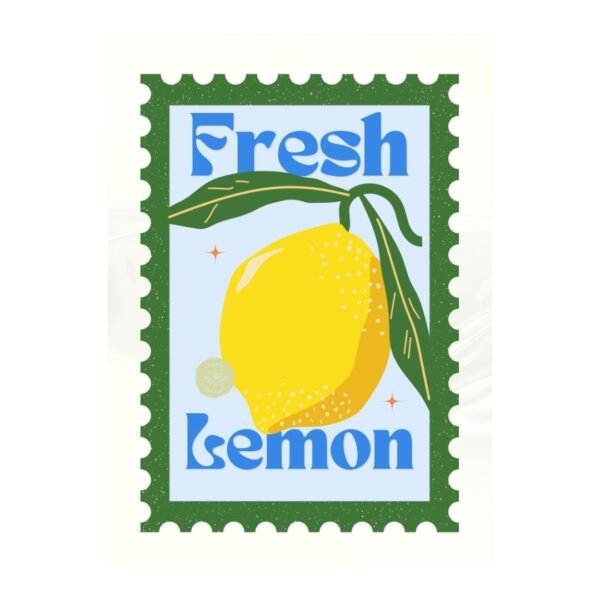 An illustrated stamp design features a vibrant yellow lemon with two green leaves, set against a light blue background with a textured green border. Prominently displayed in bold blue letters are the words Fresh Lemon.