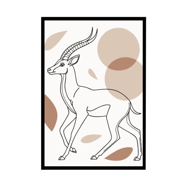 Boho minimalist line art framed poster featuring an antelope, drawn with elegant curves